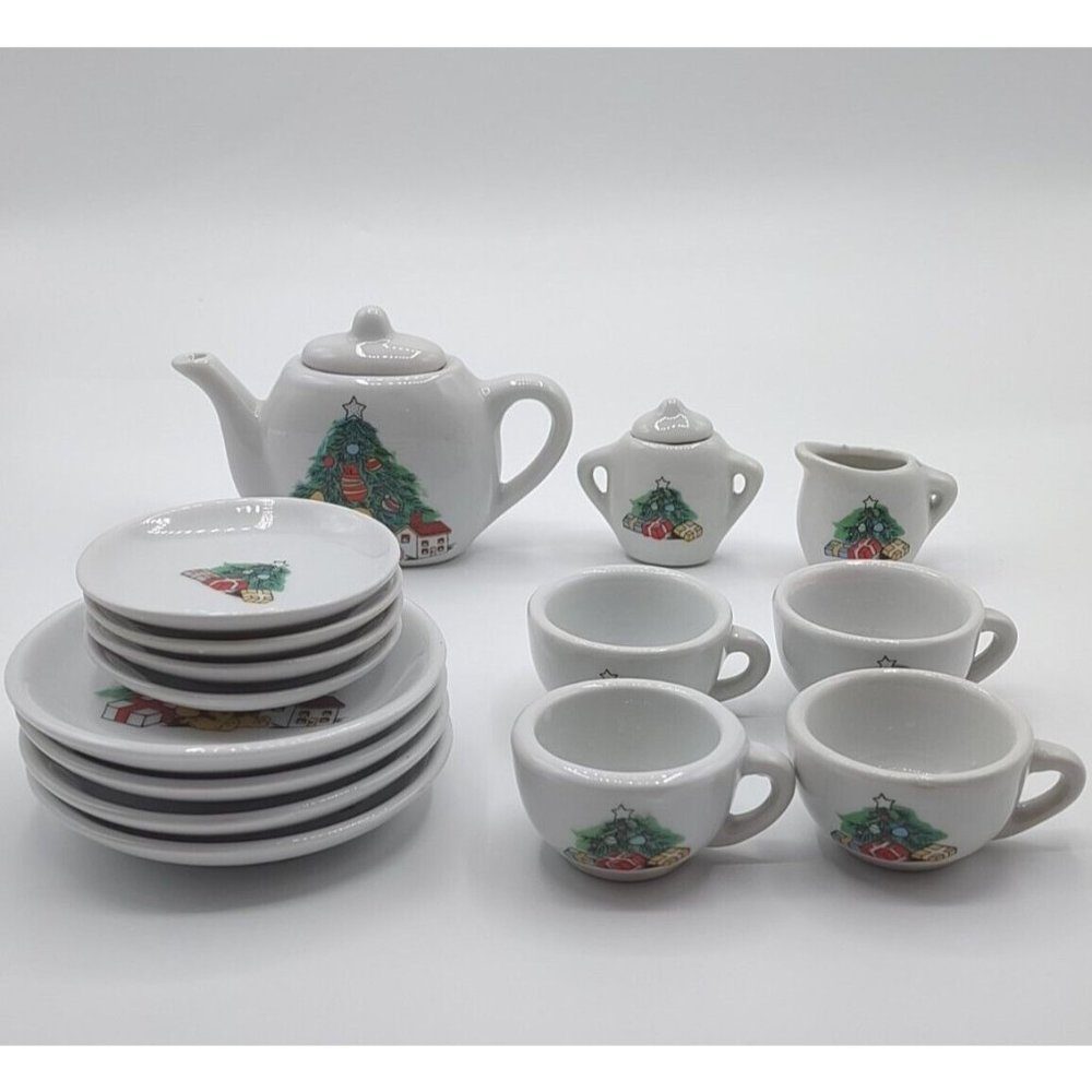 VTG Child's 17 pc Christmas Play Tea Set Teddy Gifts & Tree Cup Saucer Plate etc